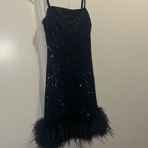 Navy Blue Sequin Dress (Mini) Feather Sleeveless XS